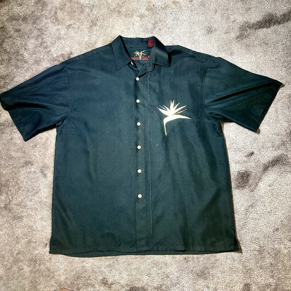 Bamboo‎ Cay Men's Lg Black Hawaiian Camp Shirt Embroidered Bird of Paradise